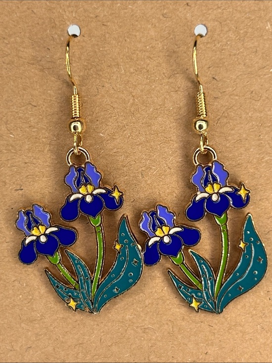 Fashion Jewelry Jewelry - Gold-Tone Blue/Purple Iris Flower Drop Earrings - Fashion Jewelry